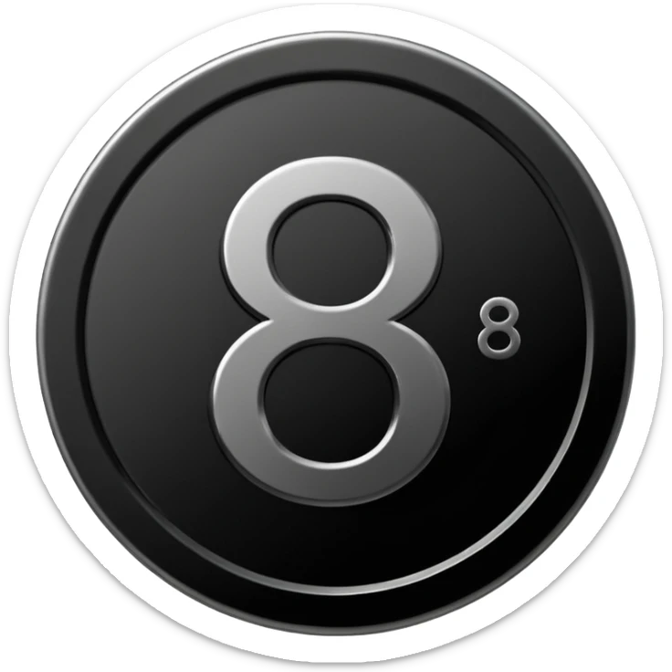 Emoji icon of a black coin with engraved number 8, minimalist style, isolated sticker