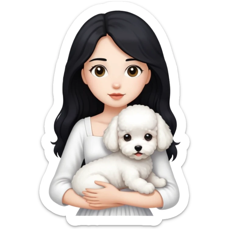A beautiful girl with long black hair wearing a white dress holds a small white Bichon Frise in her arms sticker