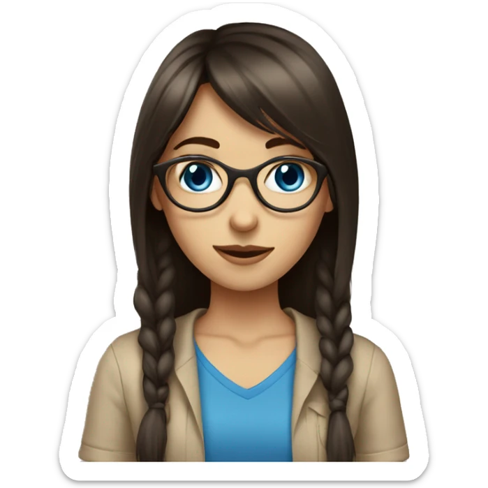 Dark brown long hair bangs girl with blue eyes, in beige shirt and glasses sticker