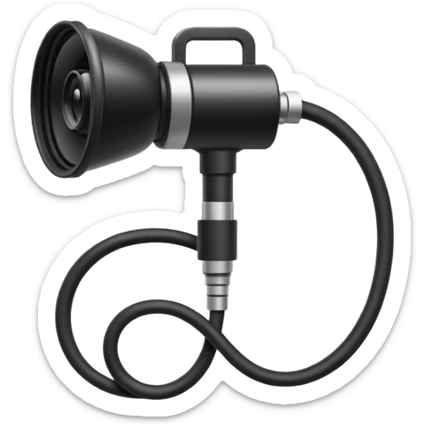 Apple emoji style icon of an endoscope. A minimalist coiled black tube ending in a glowing camera tip. Glossy, rounded sticker