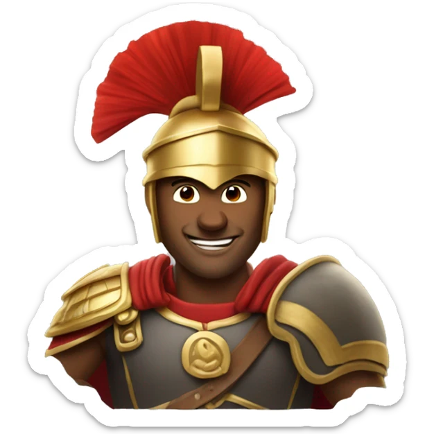 n apple emoji, of a very smiling man, who looks like a Roman warrior with a gold helmet with a red crest, background in png, no light or shadow sticker