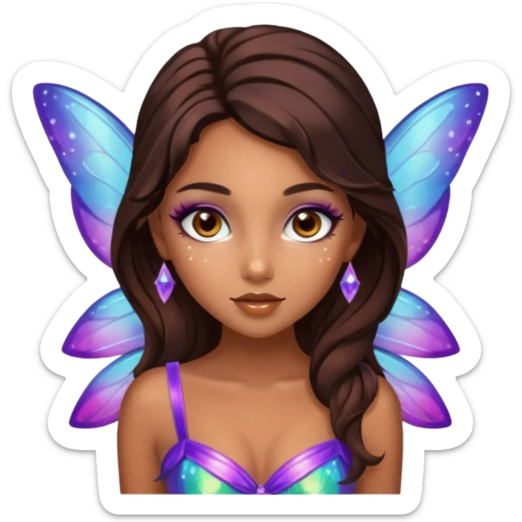 Pretty girl with caramel skin. Dark brown hair and brown eyes. She has freckles. Wearing sexy makeup. Wearing a fairy costume. wearing heels sticker