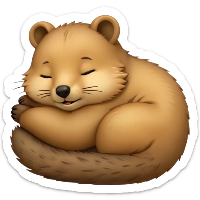 Meme-Worthy Cute Sleeping Quokka Portrait Emoji, Head resting peacefully with a contented smile, showcasing a delightfully compact build and a luxuriously soft brown fur, eyes shut in a serene, restful nap, Simplified yet hilariously adorable features, highly detailed, glowing with a soft, drowsy light, high shine, relaxed and utterly lovable, stylized with an air of playful laziness, bright and heartwarming, soft glowing outline, capturing the essence of a comically sleepy quokka, so meme‐worthy it feels like it could instantly become the next viral sensation of adorable slumber! sticker
