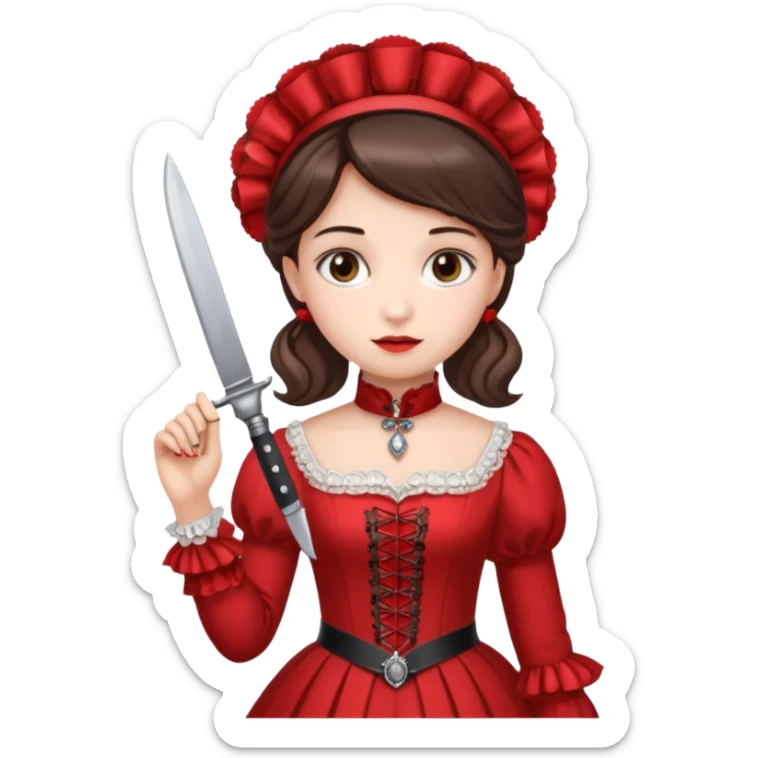An emoji of a girl in red victorian dress with a knife in hand sticker