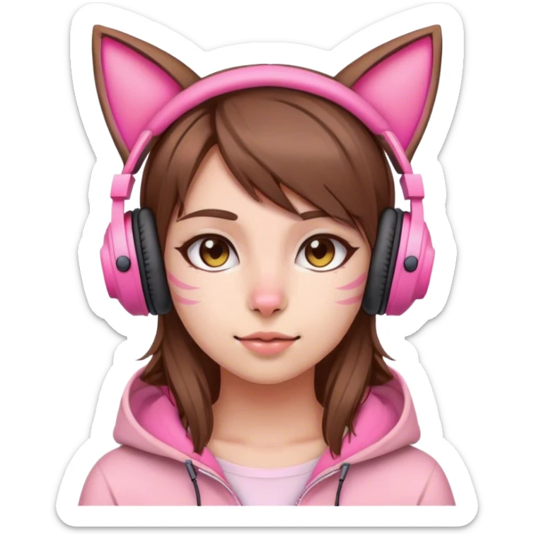 brown haired gamer girl wearing pink cat ear headphones sticker