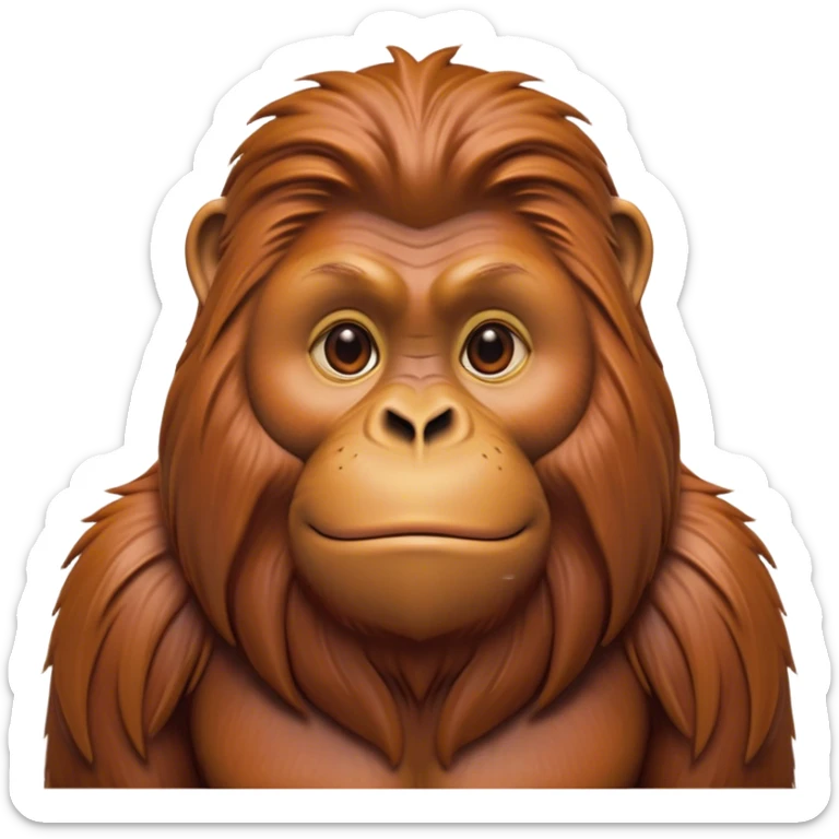 Cinematic Noble Orangutan Portrait Emoji, Poised and regal, with a robust, thoughtful build and deep, soulful eyes framed by rich, textured fur, Simplified yet sharp and sophisticated features, highly detailed, glowing with a soft, earthy glow, high shine, intelligent and contemplative, stylized with an air of ancient wisdom, focused and commanding, soft glowing outline, capturing the essence of a watchful and confident guardian that appears ready to step out of the screen with timeless authority! sticker