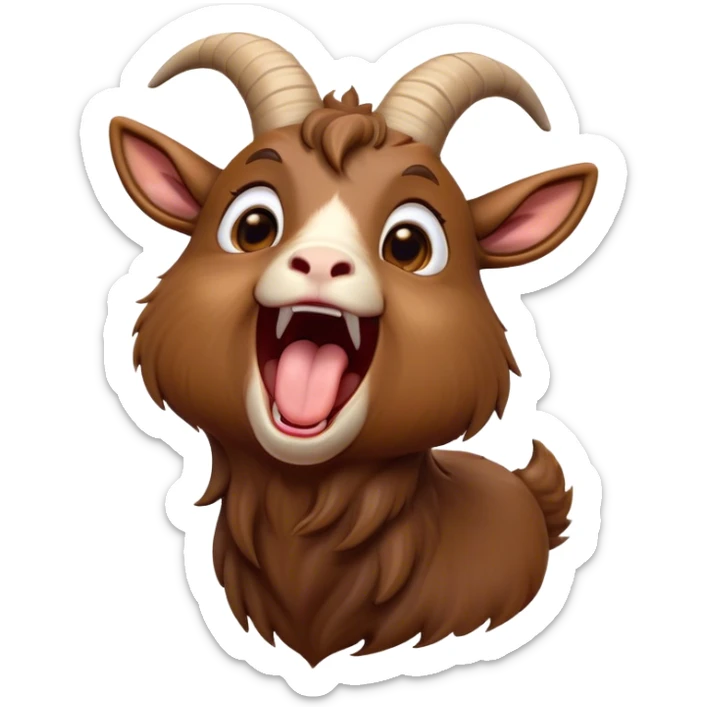 Cinematic Cute Yawning Brown Goat Portrait Emoji, Head tilted slightly with a dramatic, wide-open yawn, showcasing a soft, downy brown fur with delicate horns and gently drooping ears, round eyes barely open in drowsy contentment, Simplified yet irresistibly adorable features, highly detailed, glowing with a soft, cozy glow, high shine, relaxed yet expressive, stylized with a touch of rustic whimsy, bright and endearing, soft glowing outline, capturing the essence of a sleepy yet affectionate goat, so drowsy it feels like it could stretch out of the screen and curl up for a nap! sticker