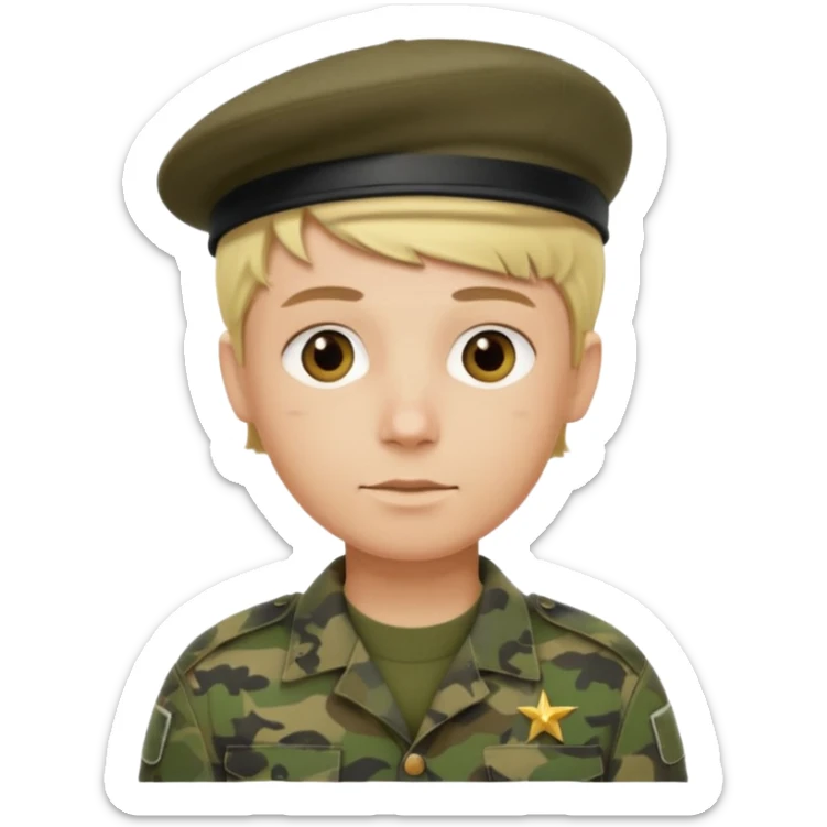 a soldier with short blonde hair in camo in a beret a man sticker