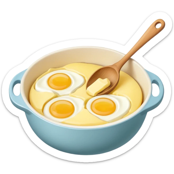 A carton of eggs, butter and a cream ceramic baking bowl with a wooden spoon in it sticker