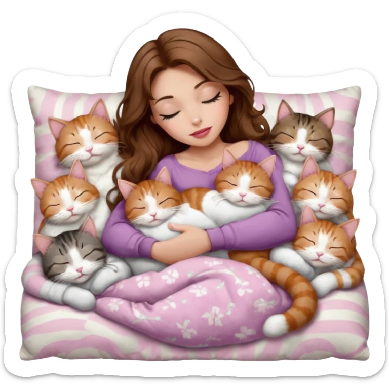 girl with long wavy brown hair, brown eyes, long lashes makeup, sexy pink lips, light to medium complexion,  sleeping on a cozy pillow, with 6 cats: 1 brown and white tabby cat, 1 ginger and white, 2 grey and white, 1 grey with white mittens and small white patch on chest and 1 calico, sleeping sticker