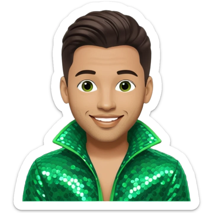 Sam Watters, Male R&B Singer (b. 1970) from Color Me Badd with long dark brown hair, green sequin outfit, light skin  sticker