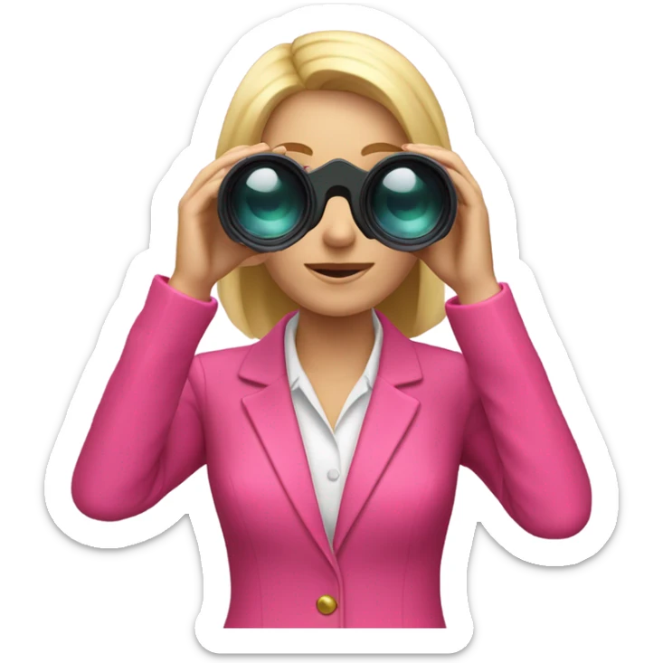 white female employee with loose blonde hair wearing intensive color pink suit looking in binoculars sticker
