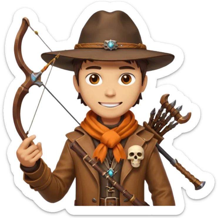 male human monster hunter emoji, wearing brown leather coat and wide hat, holding crossbow, with amulet shaped like skull, Halloween fantasy theme, confident smile, orange scarf, Apple emoji style, clean white background, square image sticker