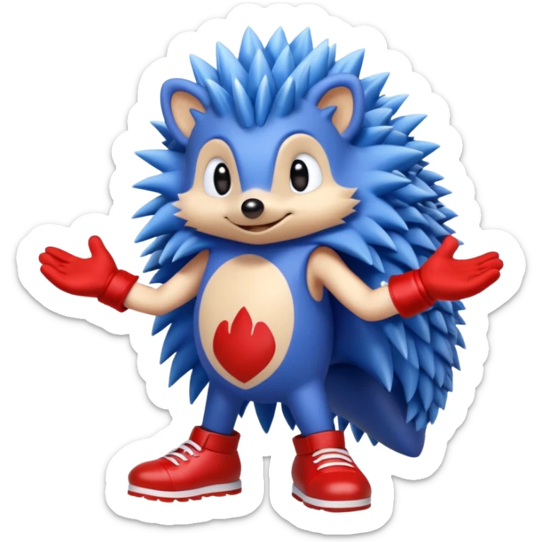 a blue hedgehog that has arms and legs with a tan chest fur, and some gloves and red and white shoes sticker