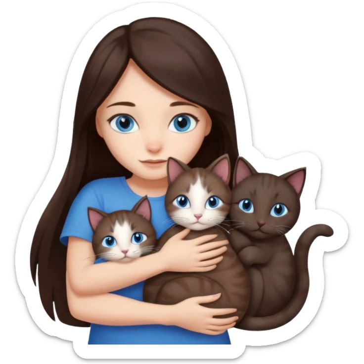 a girl with long dark 
brown hair, with blue eyes, hugs 3 different natural coloured cats sticker
