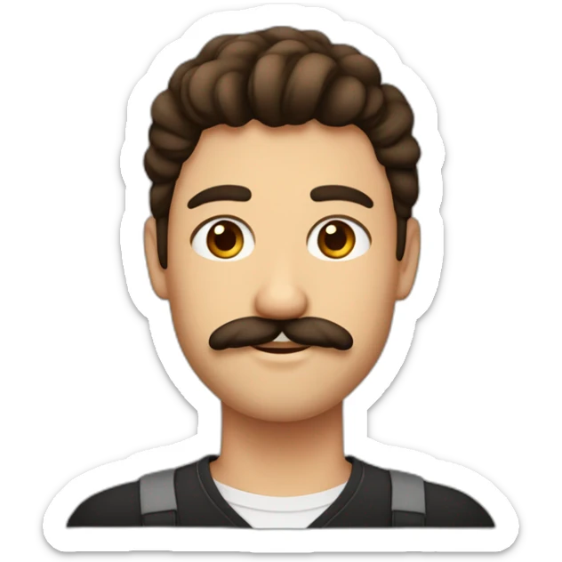 un chico de 22 años con el pelo corto, rizado y café oscuro, con los ojos marrones y bigote sticker