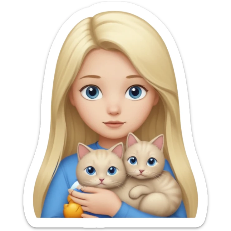 blonde girl with long blonde hair and blue eyes with chubby gray cat sticker