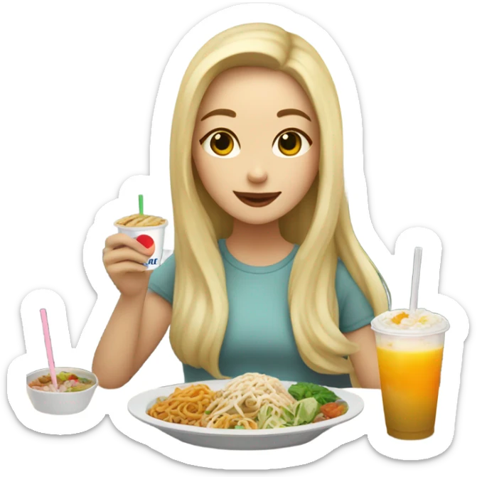  Blonde long hair girl eating Korean food and drinking boba sticker