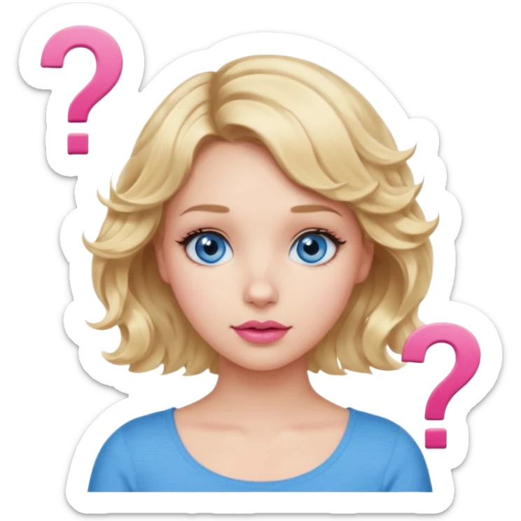Girl Blonde short wavy hair,  blue eyes, cute blue top, long lashes, pink lips, question mark sticker