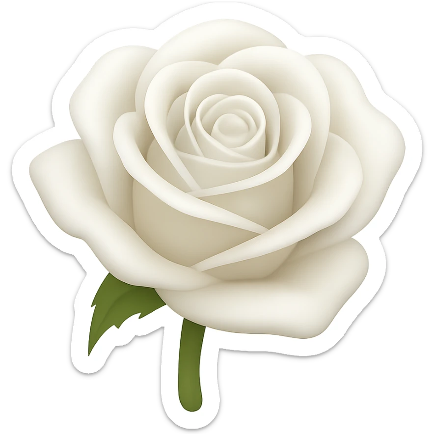 Create a 3D illustration of a white rose in the style of iOS Apple emoji, featuring volumetric petals and a realistic green stem, on a transparent square background. The style should mimic the Apple emoji look with detailed shading and smooth gradients. sticker