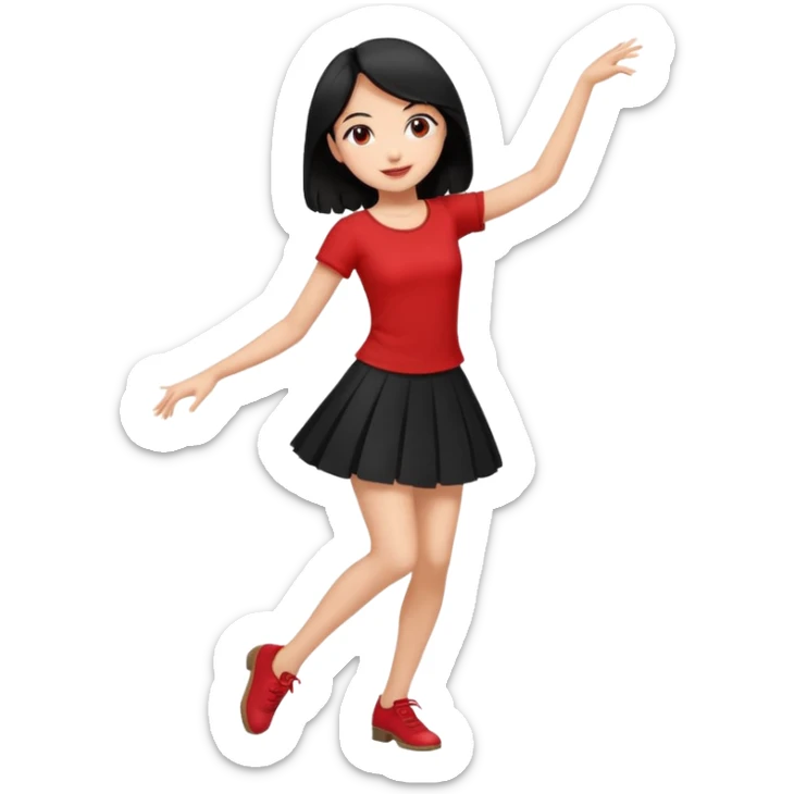 Chicas esbelta con falda corta negra y top rojo,pelo semi largo negro y lacio  super feliz,pero bailando sticker