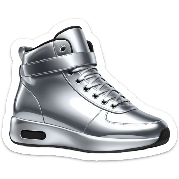 A pair of futuristic sneakers emoji made of silver chrome, sleek streetwear design, smooth metallic panels, subtle reflections, luxury swag aesthetic, iOS emoji style, centered, clean white background sticker