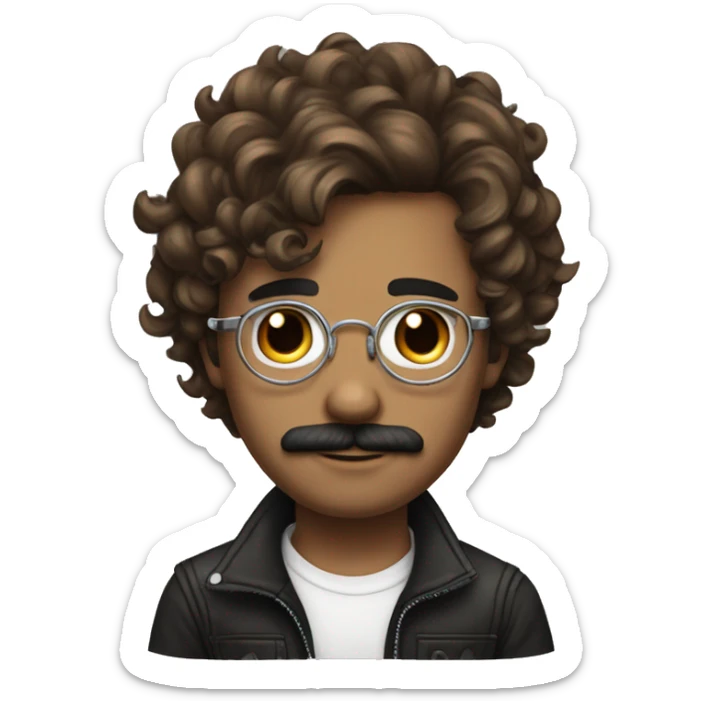 young adult man with brown wavy hair and arm tattoos, wearing brown outfit and black shoes, with silver wire glasses and moustache sticker