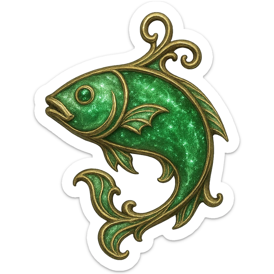 Elden Ring talisman, Green Fish, elegant jewelry design, fantasy game prop, shimmering green sticker