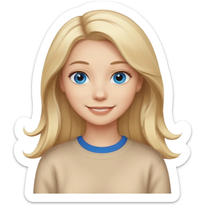 hyper realistic glamourous pale woman, Long blonde balayage hair, smiling, beige sweater & blue eyes sticker