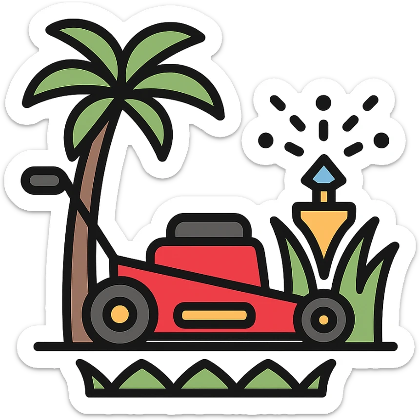 logo for lawn care company with lawn mower mowing grass, palm tree in background, water sprinkler visible, fresh inviting look sticker