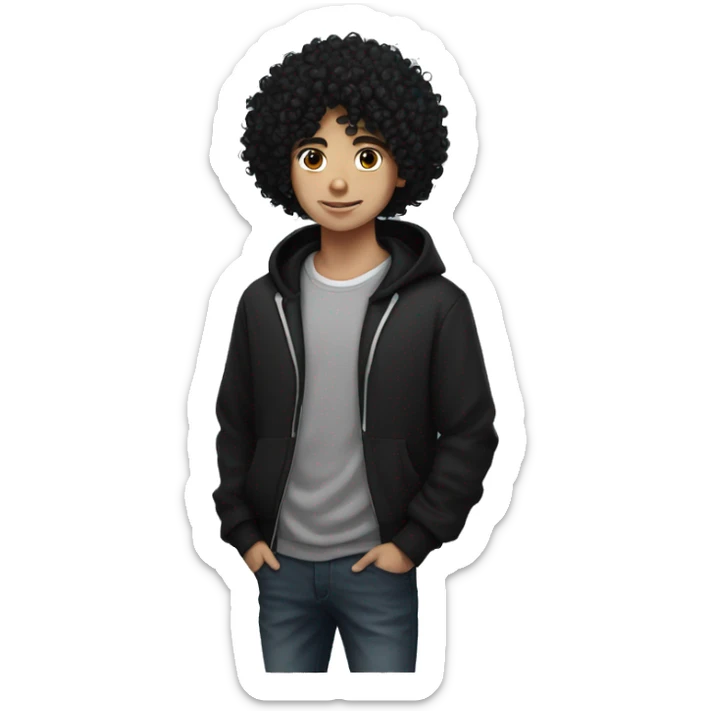 super curly long black hair, white skin teen boy, black hoodie, headphones on neck  sticker