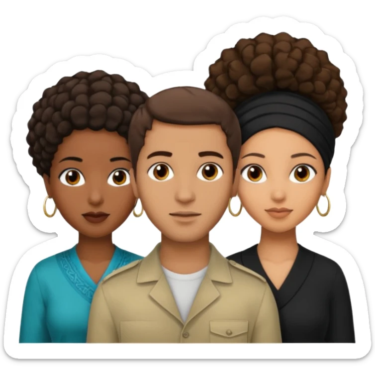  middle Eastern man with short brown hairwith two black african women both are African one is light skin black and one is medium tone black with african hair styles sticker