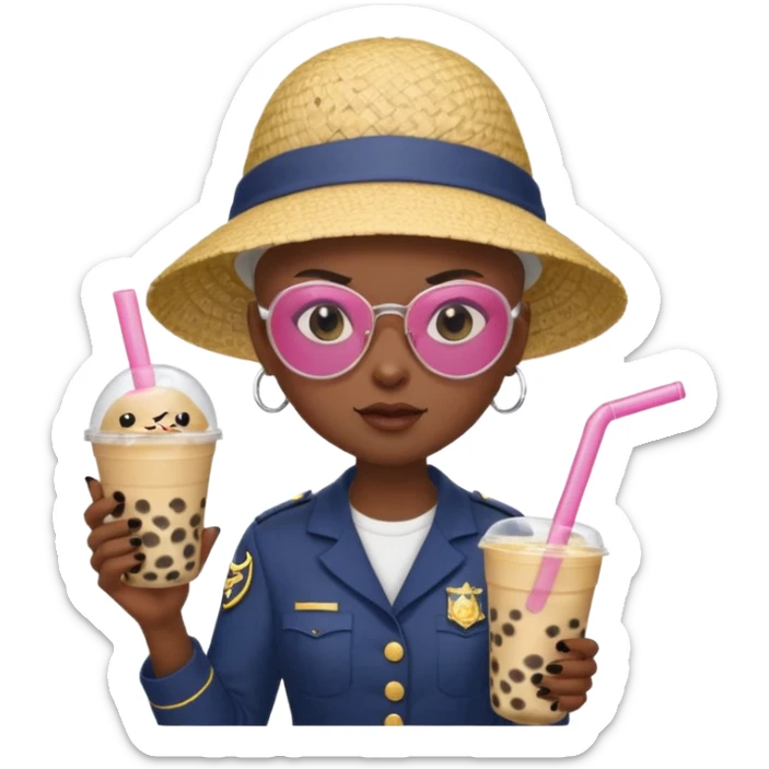 A Angry Teen Female with Dark skin and Bald, wearing a Uniform outfit, a Sunhat, Sunglasses, carrying a Enchanted staff, working as a teacher, while drinking Bubble tea and reading a Comic.
 sticker