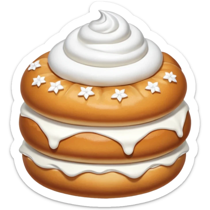 A bun with visible whipped cream in the middle beteween two bun halves and powdered sugar on top sticker