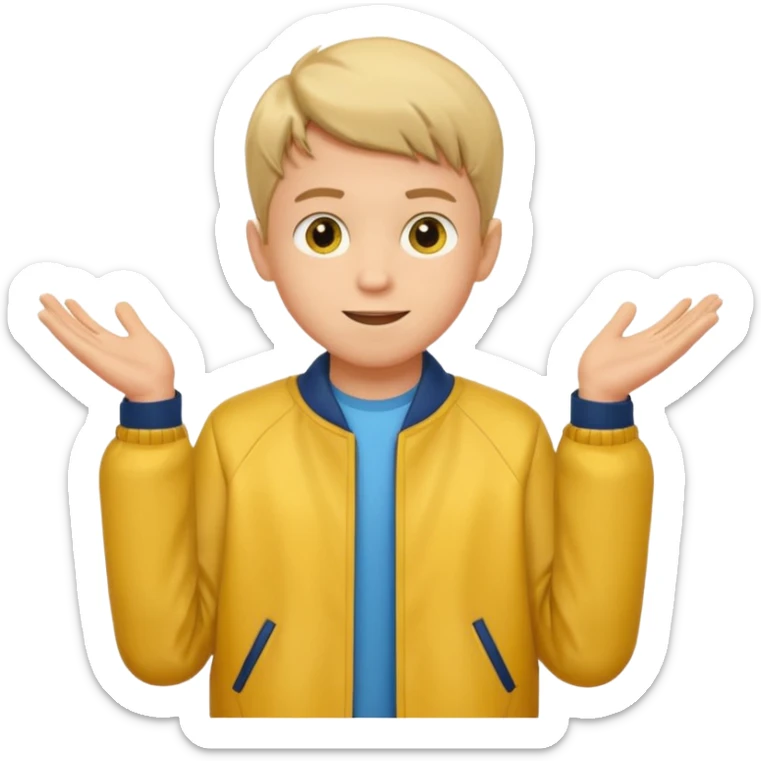 boy with good hair cut shrugging his shoulder, wearing yellow jacket and smile sticker