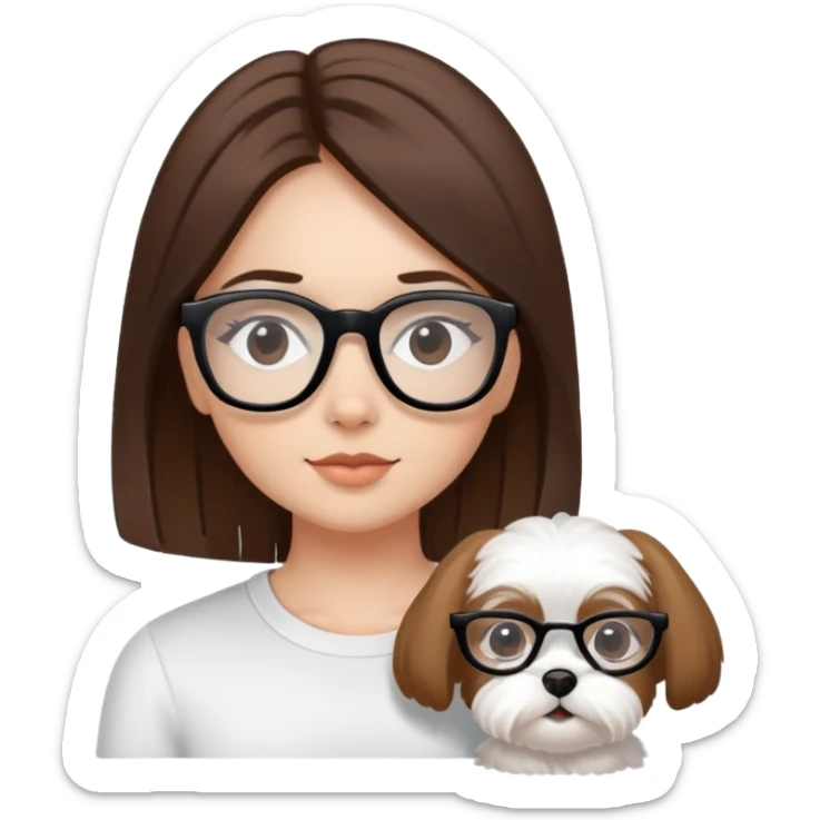 Girl with straight brown hair, black glasses and a Maltese sticker