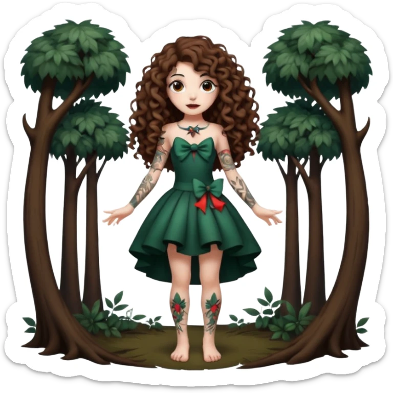 full body view of a woman with long curly brown hair, brown eyes, white skin, tattoos, playful bow like a dark forest performer sticker