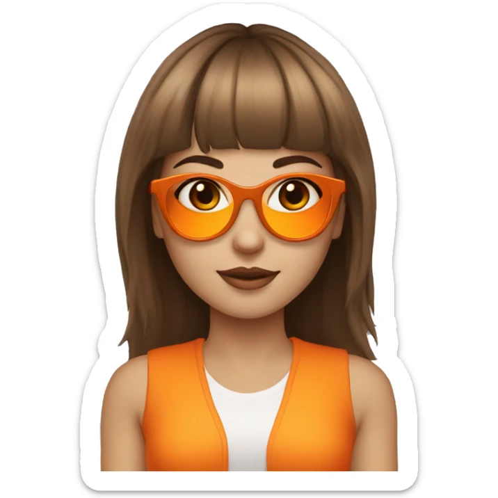 White skin girl with brown medium hair with bangs wearing orange sungglases sticker