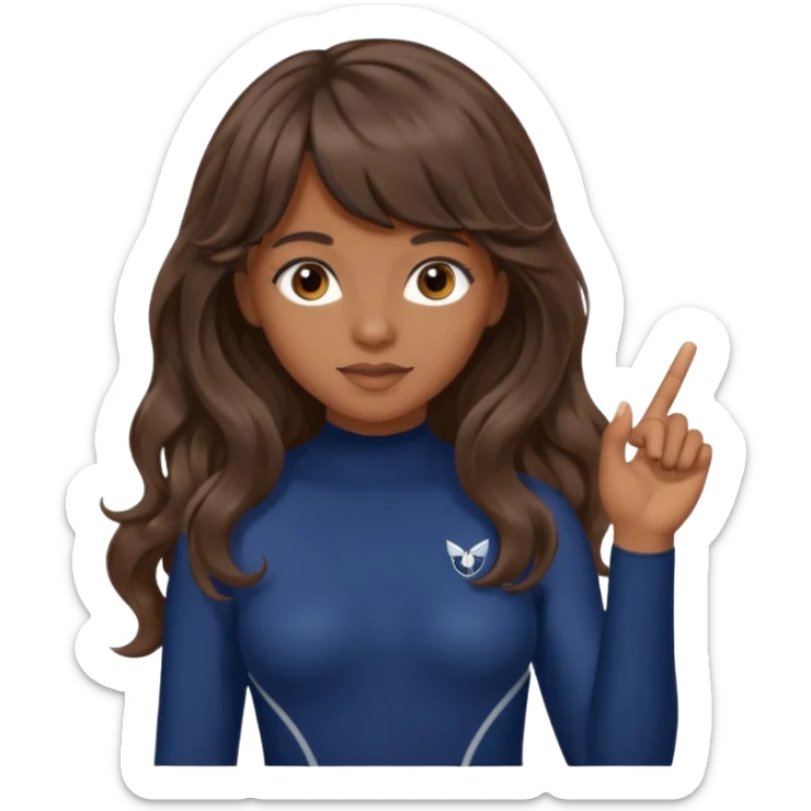 Uzun kahverengi dalgalı saçlı kahverengi gözlü esmer perçemli üzerinde lacivert parmak detaylı body olan bir kız yap sticker