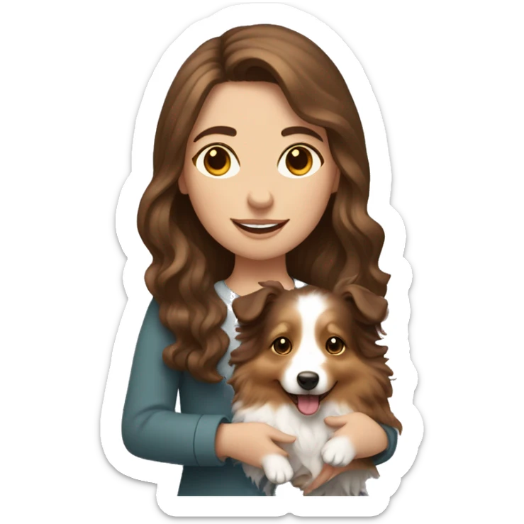 pale girl with wavy brown hair holding a sheltie sticker