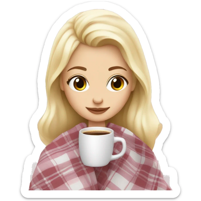 cute blonde girl wrapped in pastel pink plaid blanket drinking coffee sticker