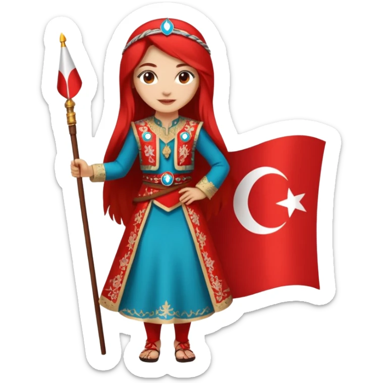 ultra sexy happy Turkish girl with Turkish flag in national outfit, full body, long bright hair sticker