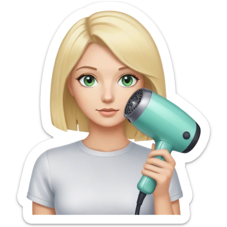 Hair stylist with blonde bob hair and blue green eyes holding hair dryer sticker