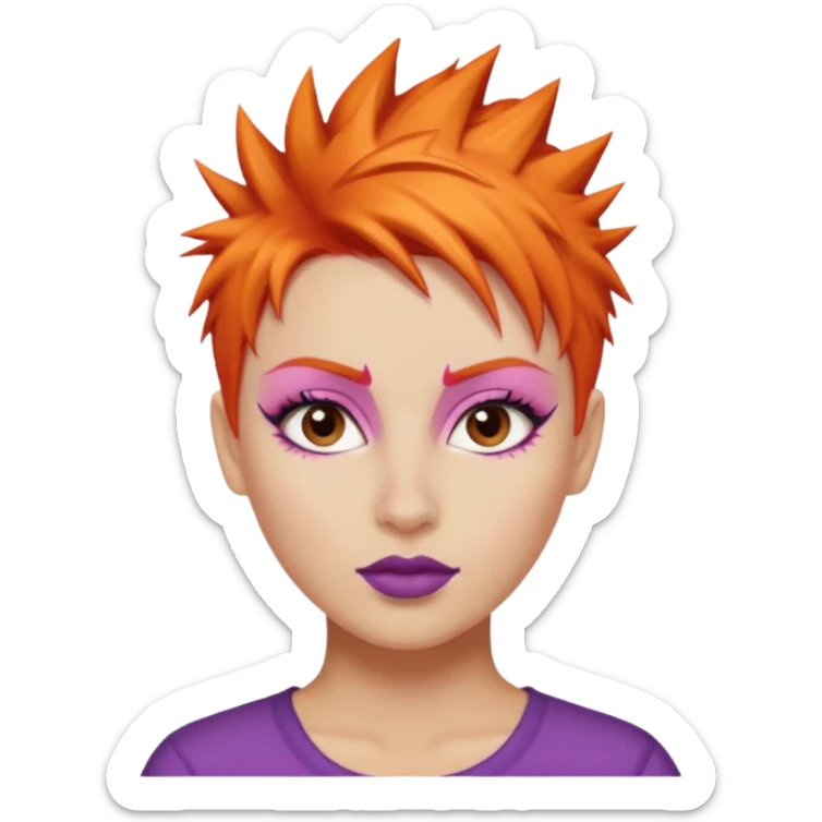 A person emoji with light skin, short spiky orange hair swept to one side, matching pink eyebrows, brown eyes, an oval-shaped face, a small nose, and dark lipstick. sticker