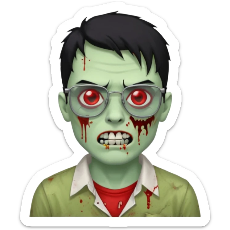 homem zumbi de óculos cabelo preto com muita olheira deixar pele dele verde dentes brancos e olhos vermelhos e ensanguentados deixar óculos quadrado e preto e olhos cheio de veias vermelhas e encher o rosto de piercings sticker