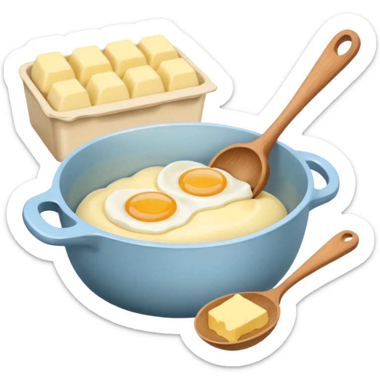 A cream ceramic baking bowl with a wooden spoon in it, a carton of eggs and butter sticker