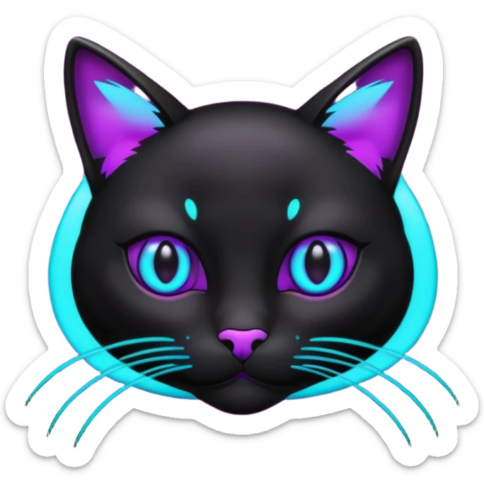 futuristic glowing black cat emoji, neon cyan eyes, purple #8B5CF6 highlights, tech minimal style, dark background sticker