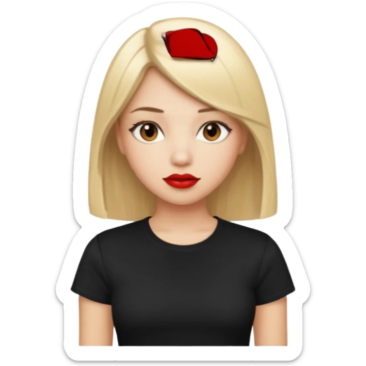 girl with blonde straight hair, brown eyes, red lipstick, wearing black t-shirt sticker