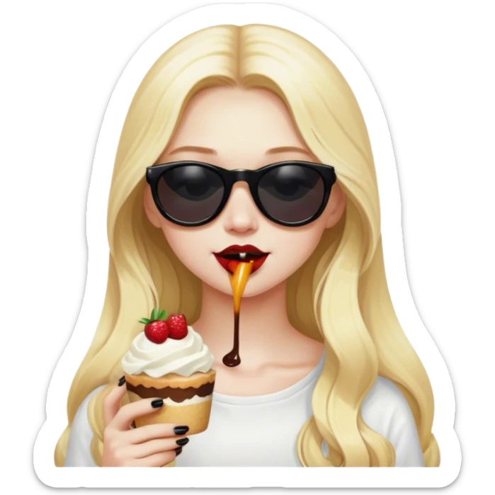 Blonde girl with long hair and pale skin wearing black sun glasses eating dessert sticker