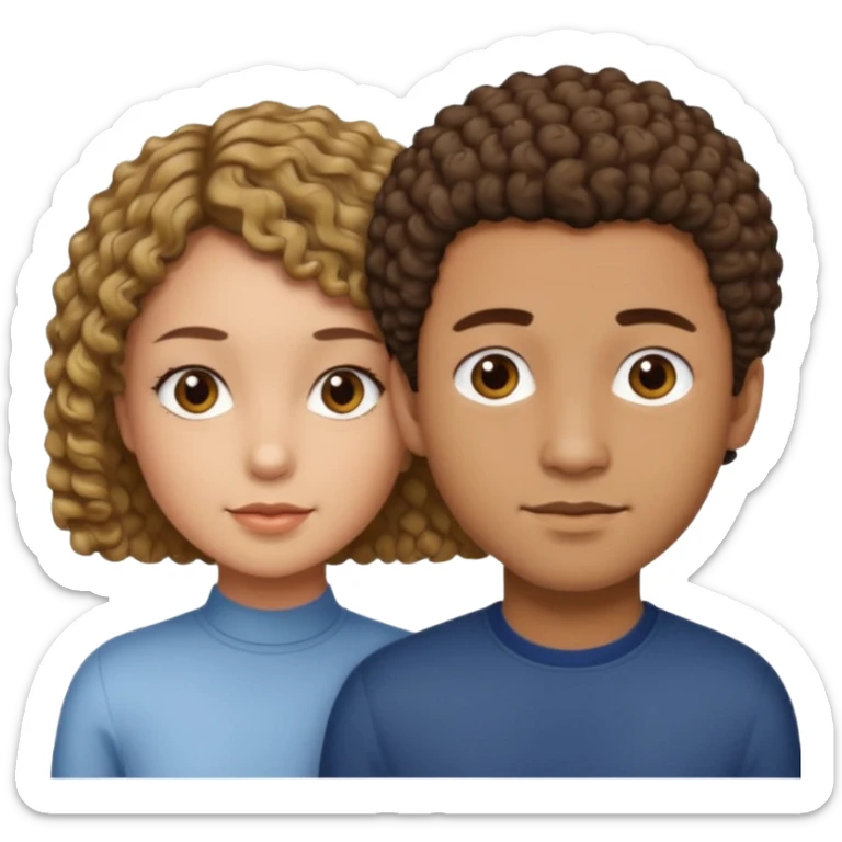 A girl with short curly hair and brown light skin next to guy with brown light skin with a edgar haircut sticker